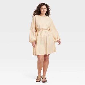 Universal‎ Thread Women Linen Blend Cutout Midi Dress XXL Beige Long Sleeve NWT